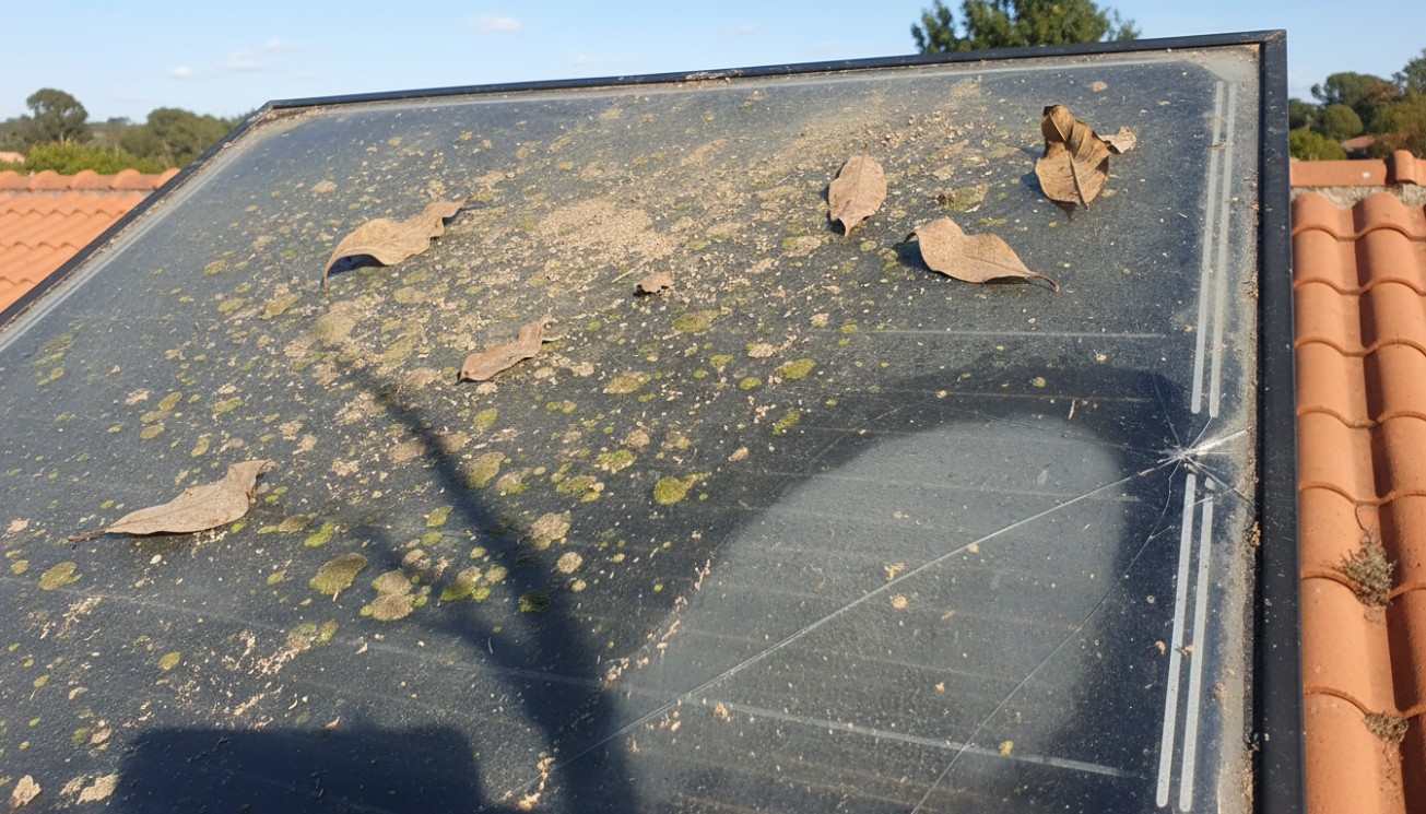 Dirty flat plate solar collector with leaves, biological deposits, surface contamination, and cracked glass, showing combined maintenance and damage inspection needs